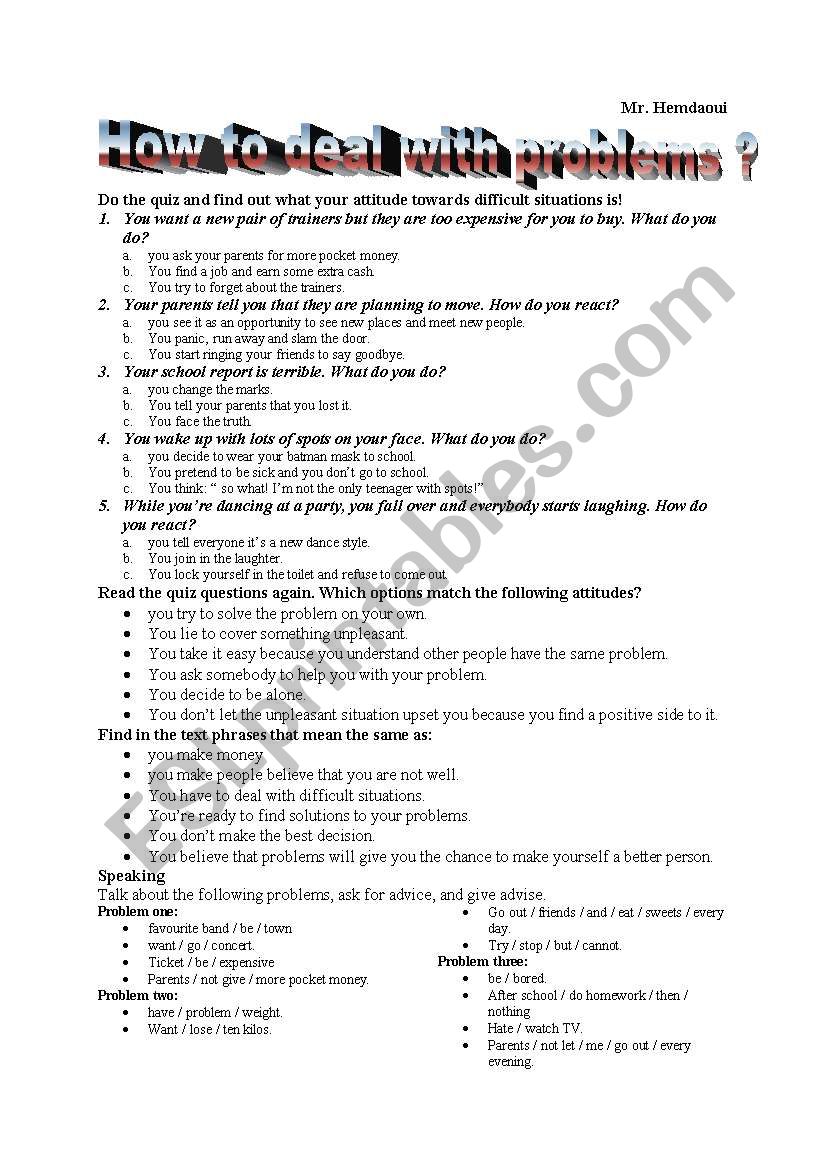 how to deal with problems! worksheet
