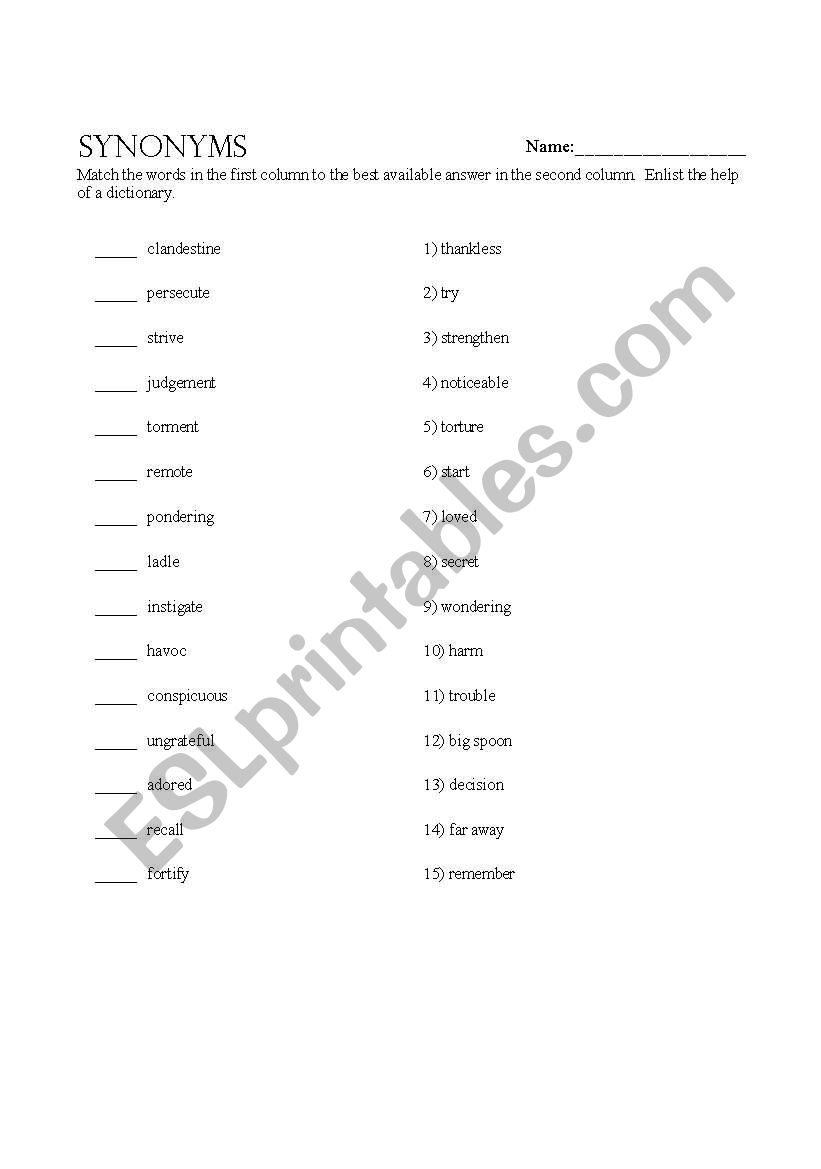 Synonyms Matching Sheet worksheet