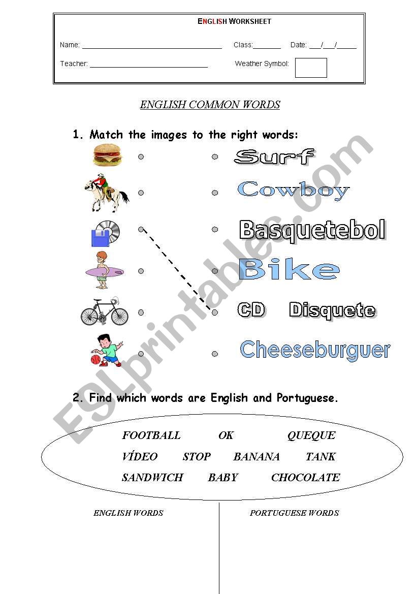 English Common Words worksheet