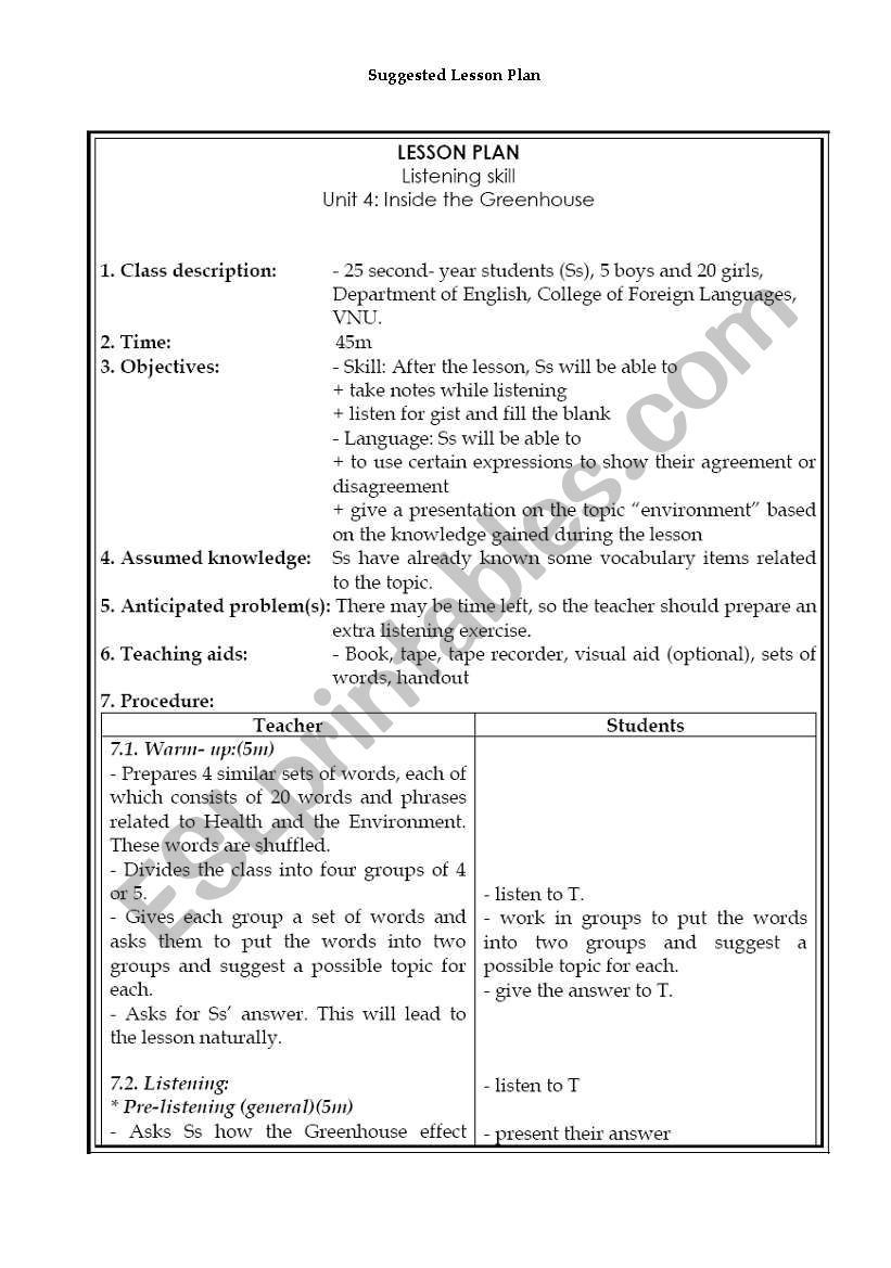 SAMPLE LISTENING LESSON PLAN worksheet