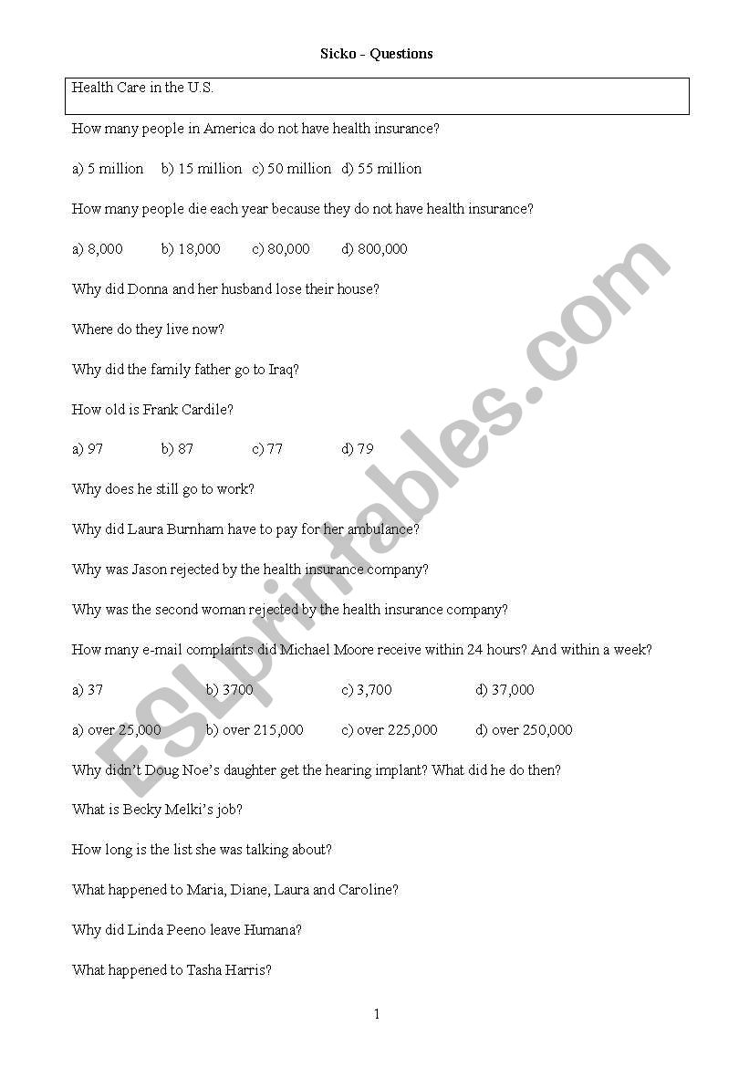 Detailed Questions for Sicko worksheet