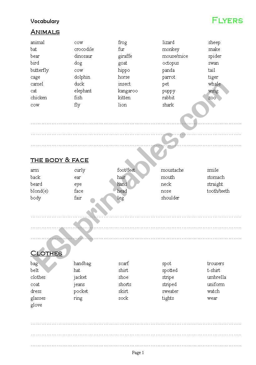 Cambridge Flyers Vocabulary writing