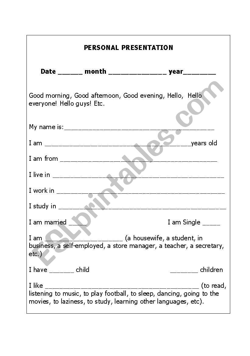 PERSONAL PRESENTATION worksheet