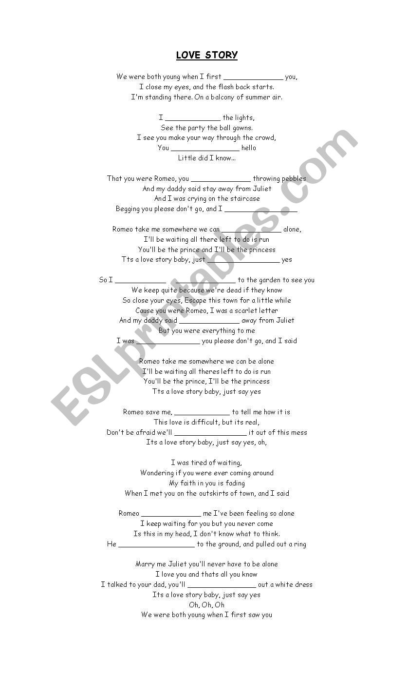 song love story worksheet