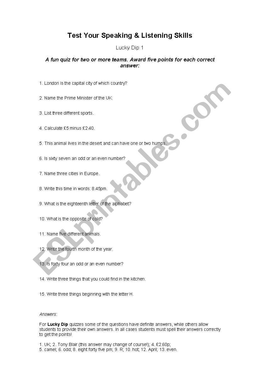 speaking aned listening worksheet