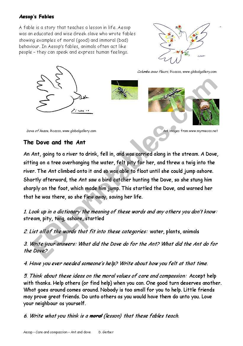 Aesop, The Dove and the Ant worksheet