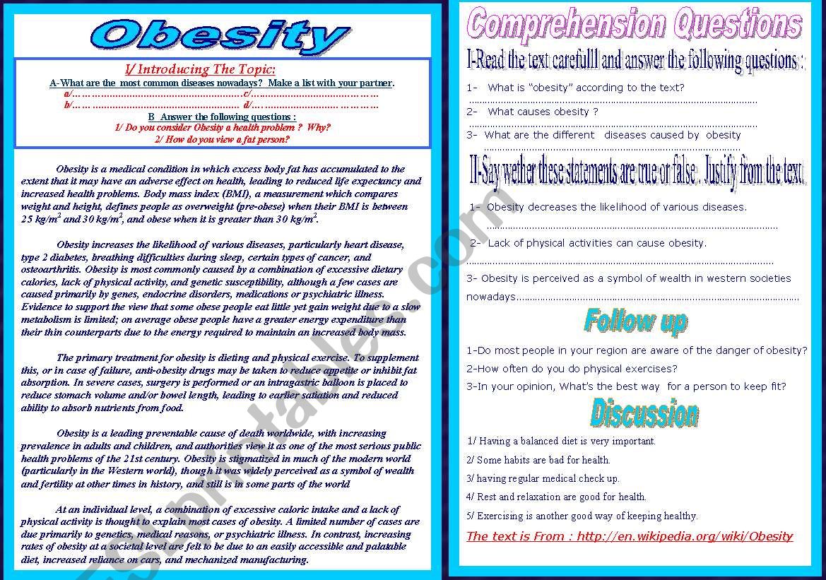 Obesity Reading text worksheet
