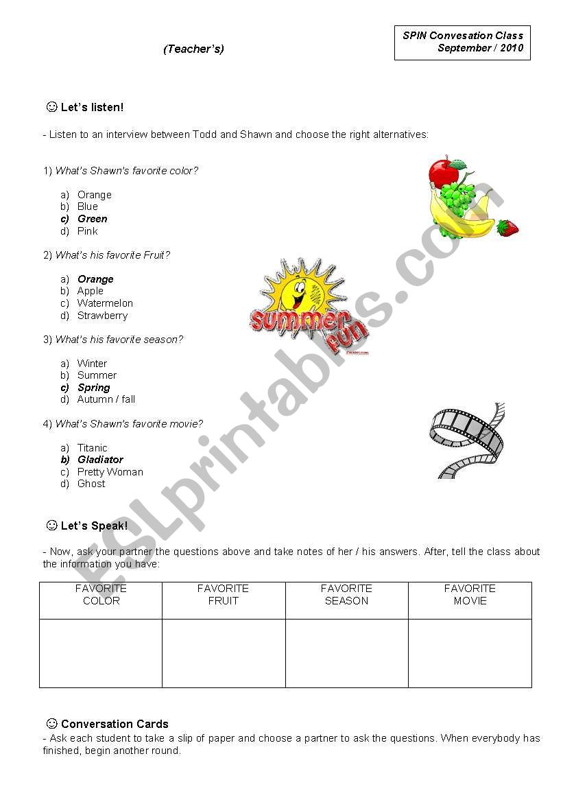 Listening / Speaking Worksheet about Favorites (Teachers Copy)