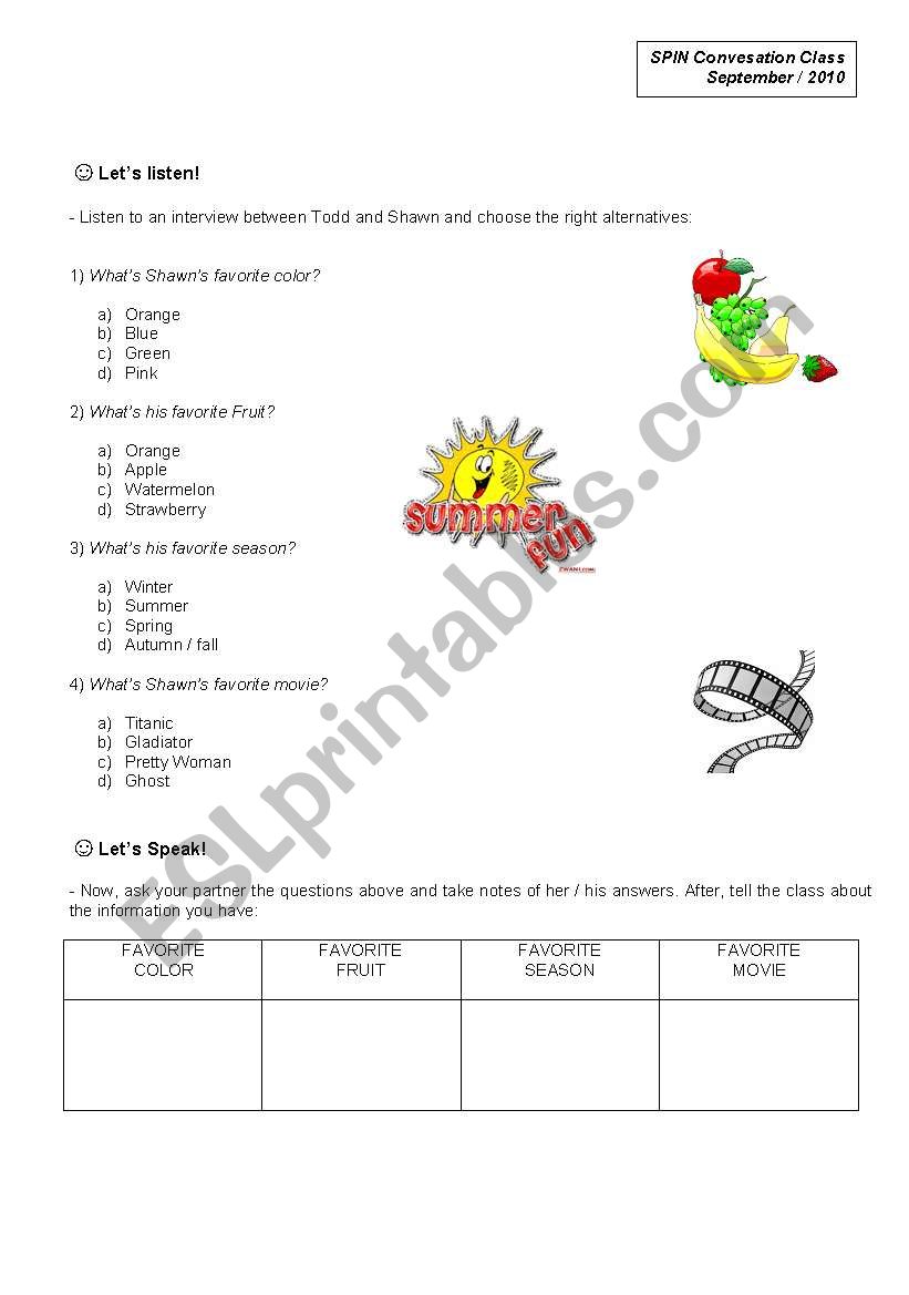 Listening / Speaking Worksheet about Favorites (Students Copy)