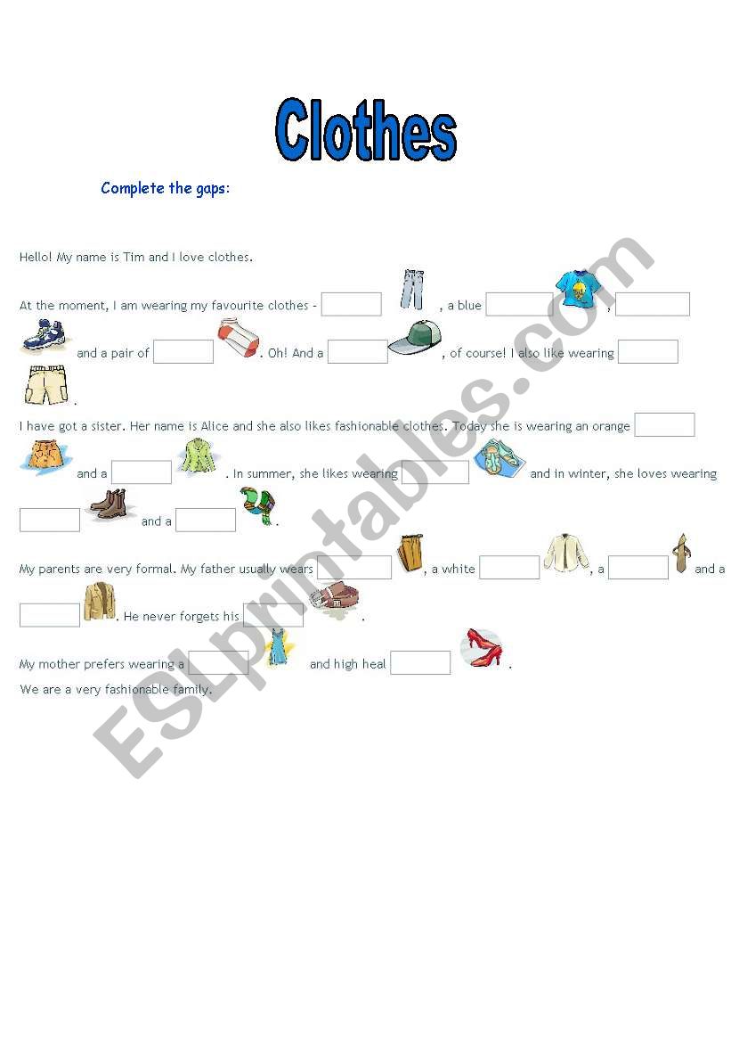 clothes - fill in the gaps worksheet