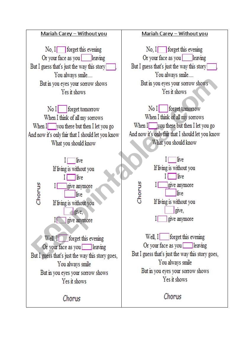 mariah carey - without you worksheet