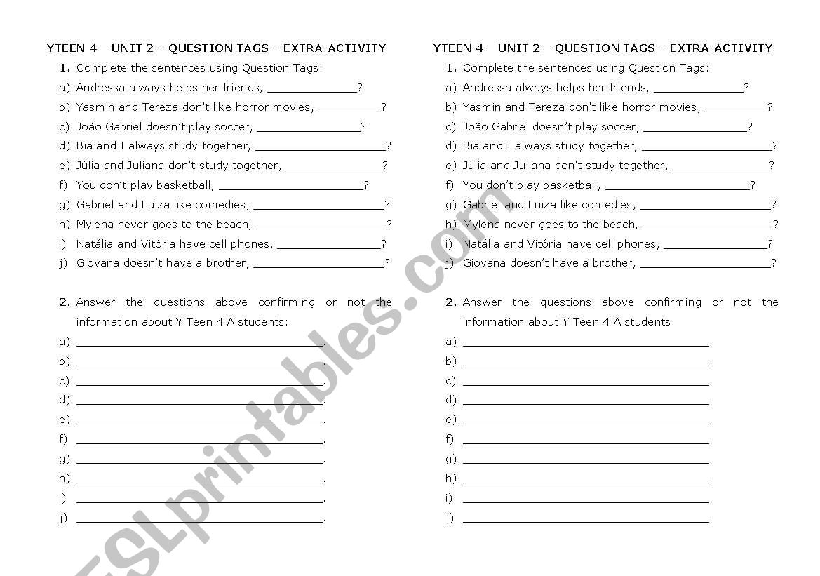 tag questions worksheet