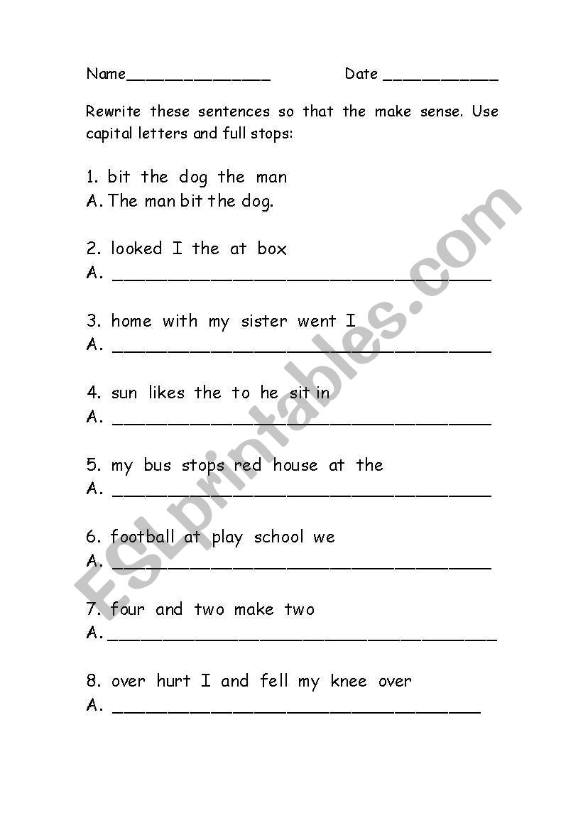 Ordering words in a sentence worksheet