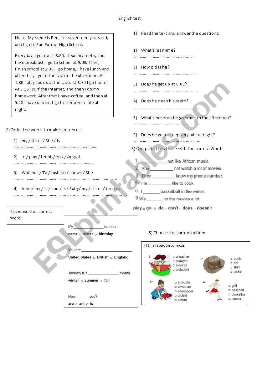 English test worksheet