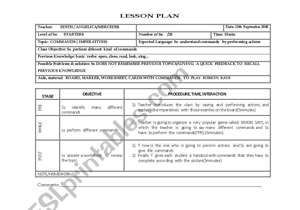 COMMANDS-LESSON PLAN worksheet