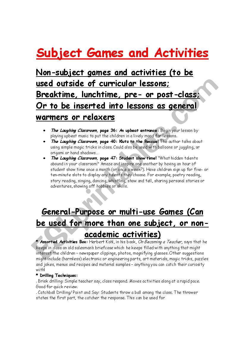 General games worksheet
