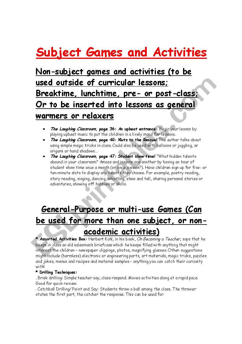 General games worksheet