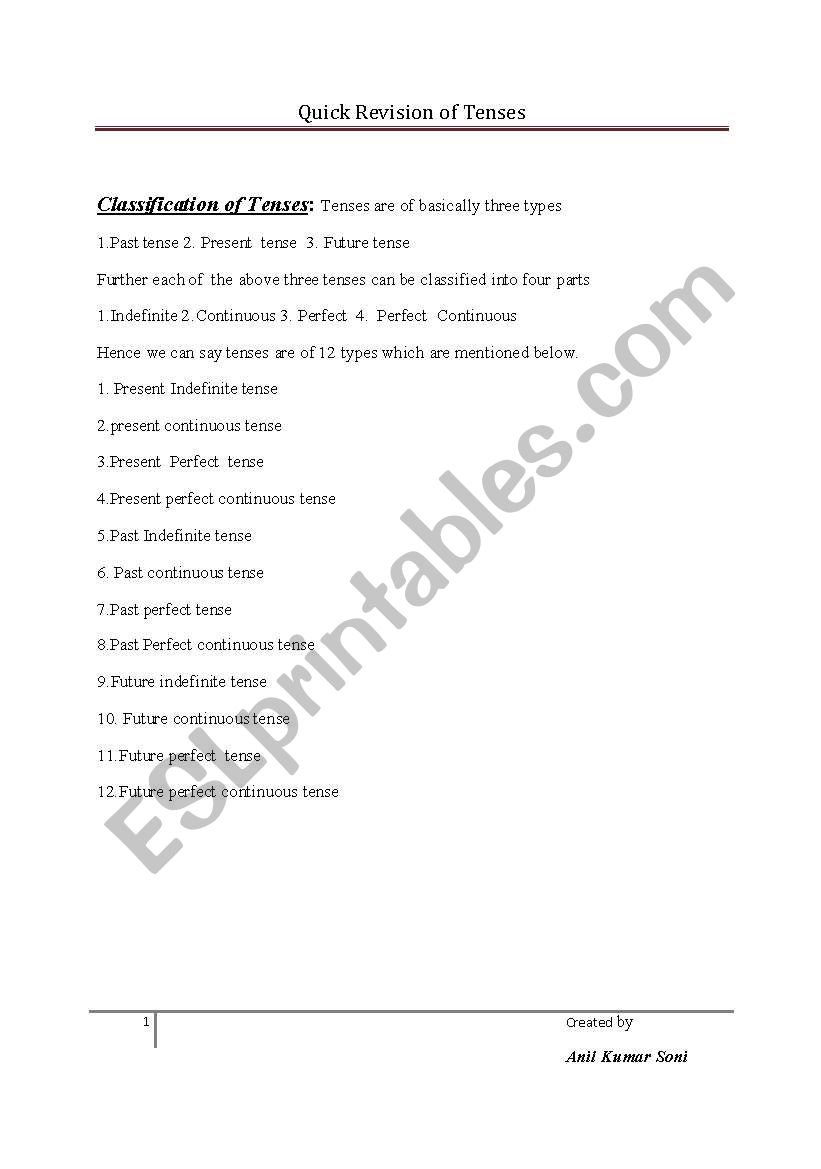 Classification of tenses worksheet