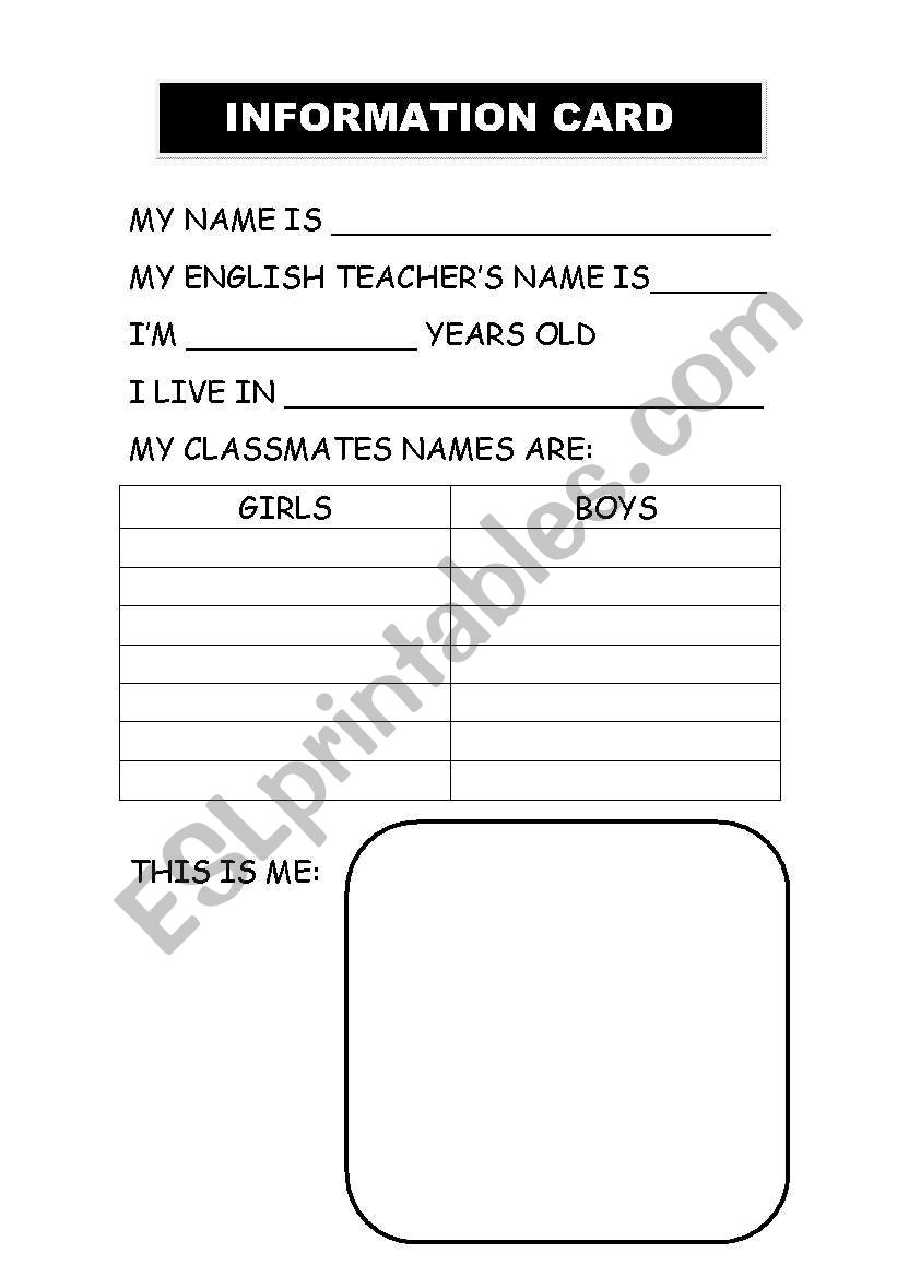 INFORMATION CARD worksheet