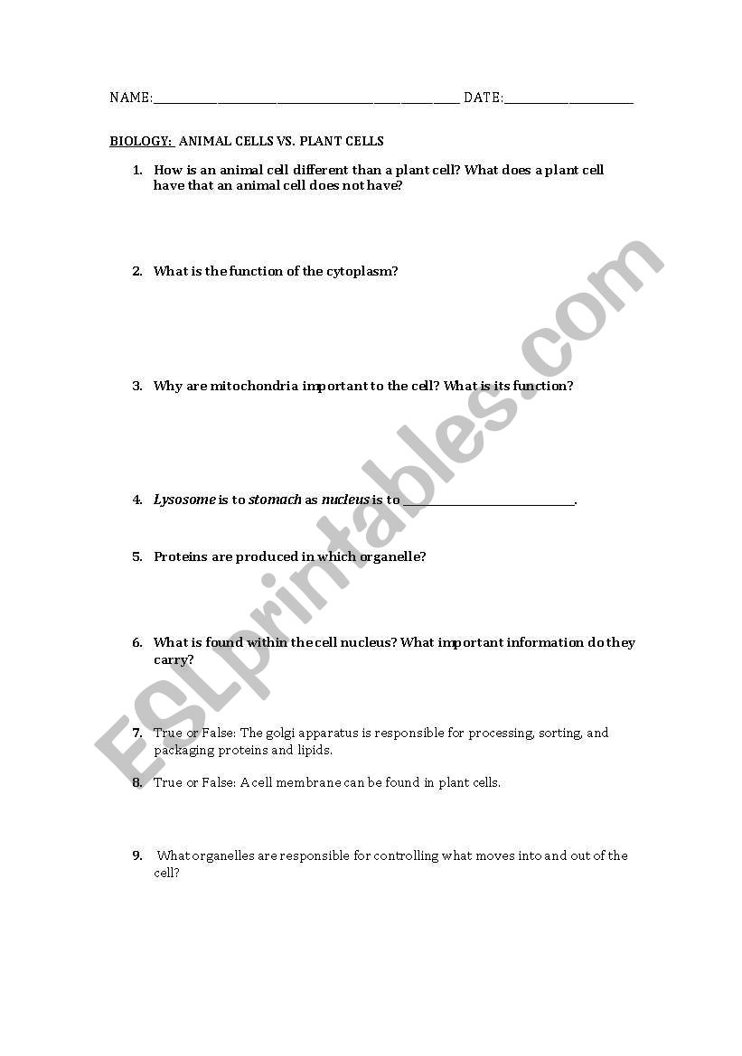 Biology Cells worksheet