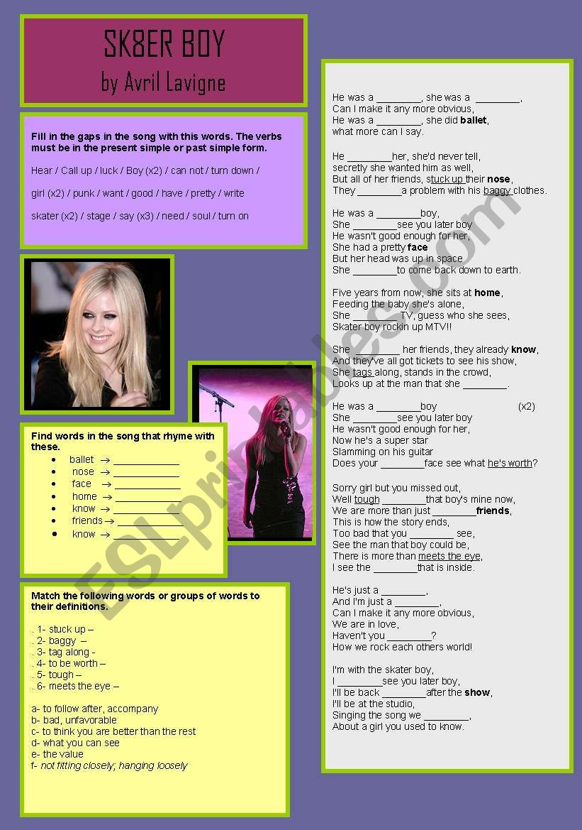 Sk8er Boy by Avril Lavigne worksheet