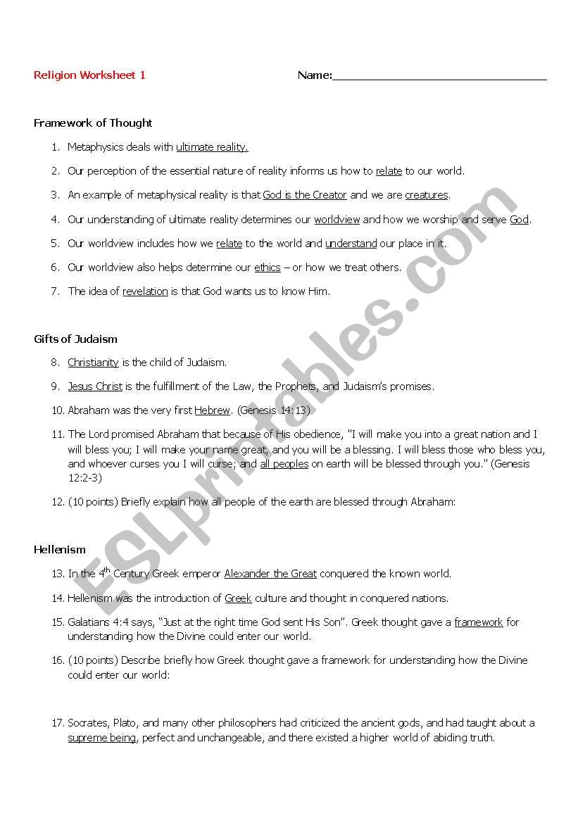 Religion Worksheet 1 worksheet