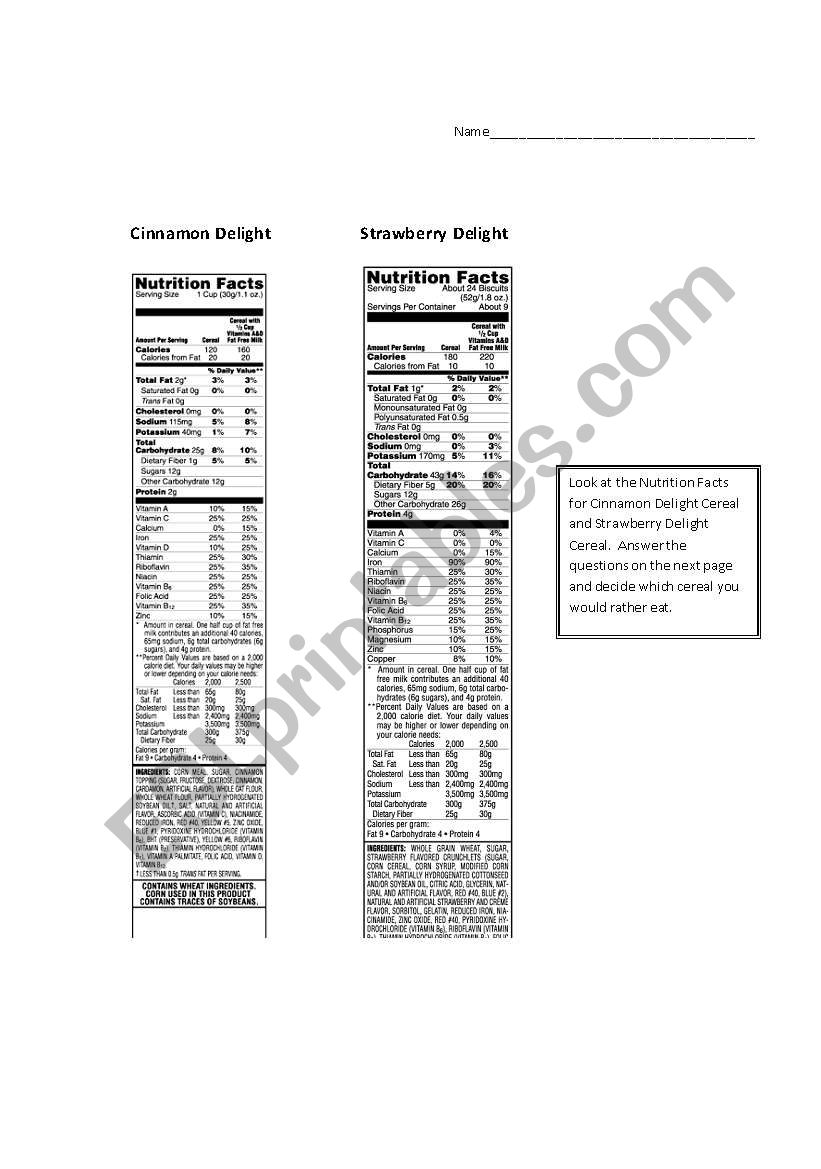 Reading Nutrition Lables worksheet