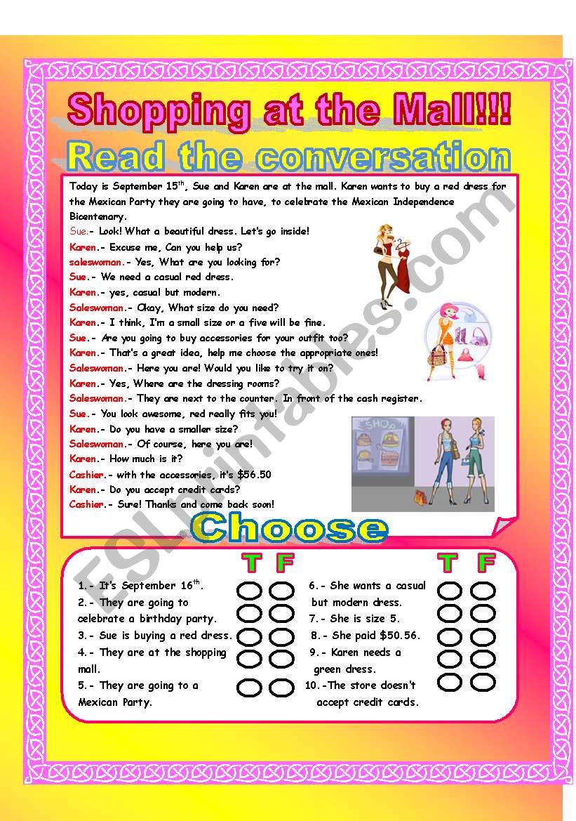 Shopping at the mall! worksheet