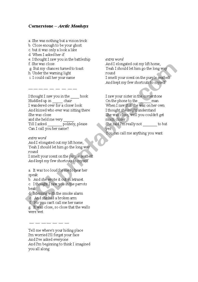 Cornerstone Arctic Monkeys worksheet