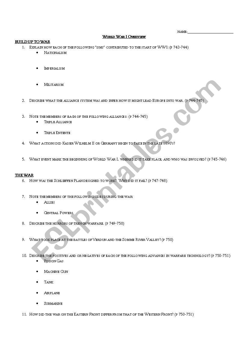 WW I overview worksheet