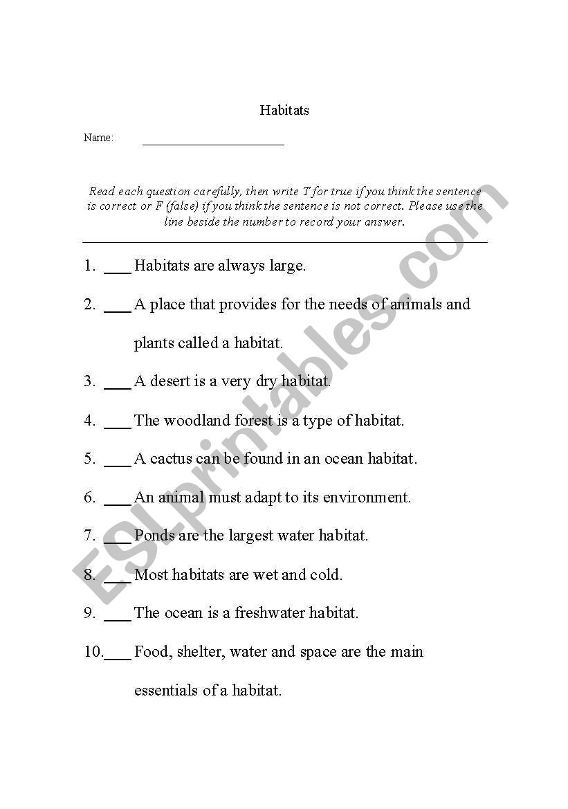 Habitats worksheet