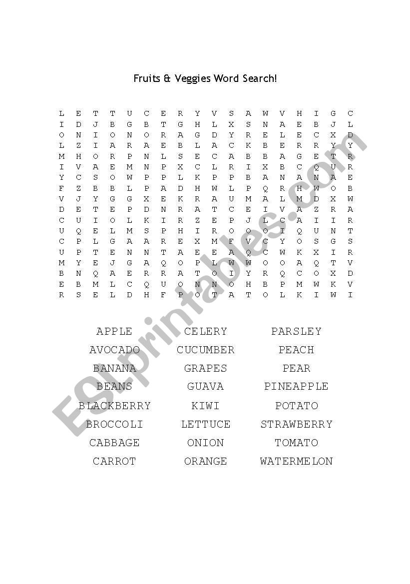 Fruits and veggies wordsearch worksheet