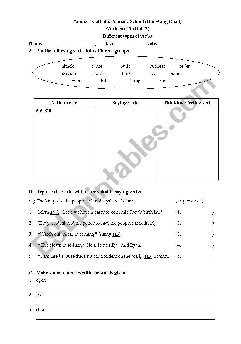 different types of verbs worksheet