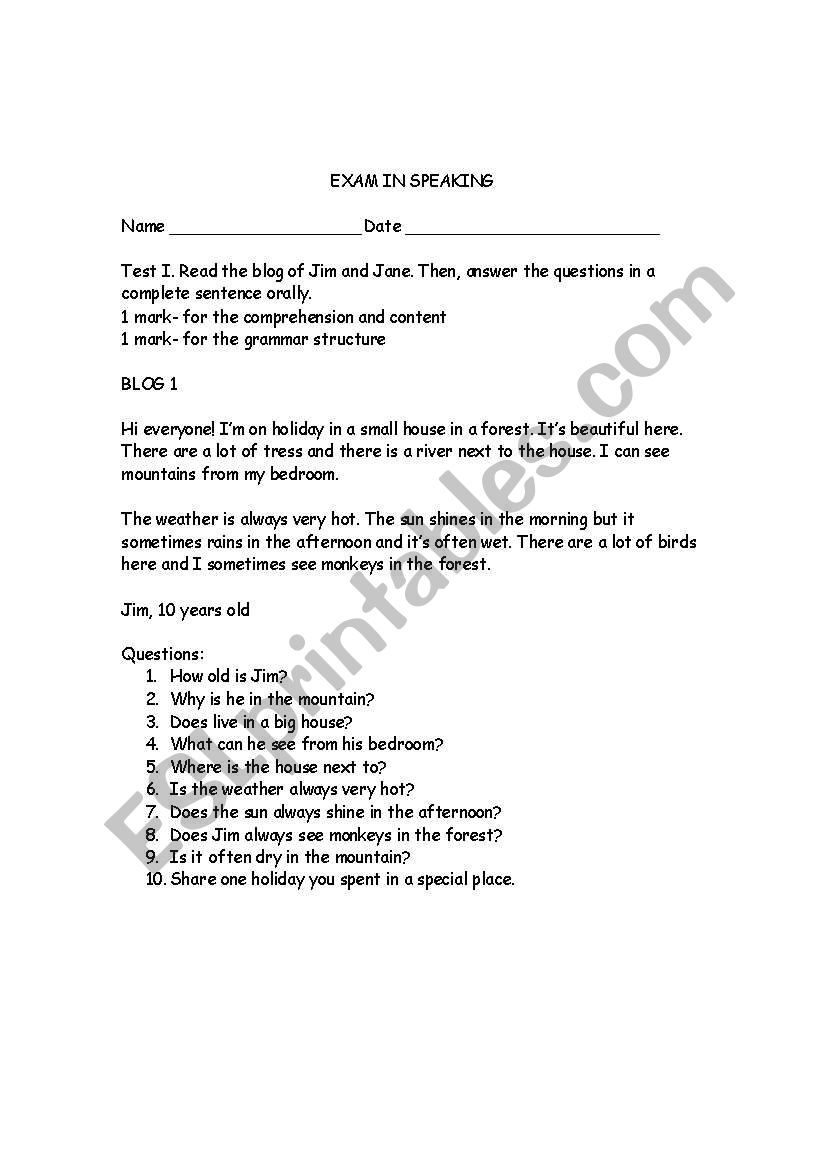 Oral speaking worksheet