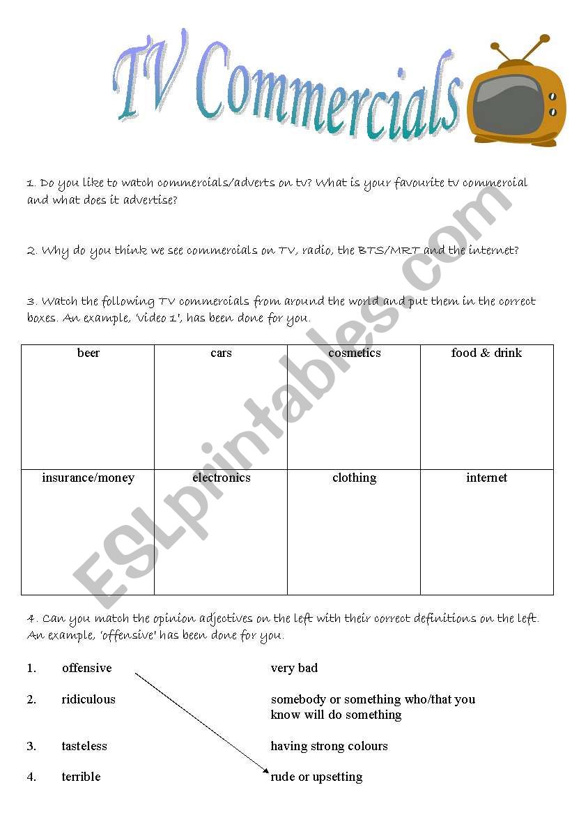 Tv commercials worksheet