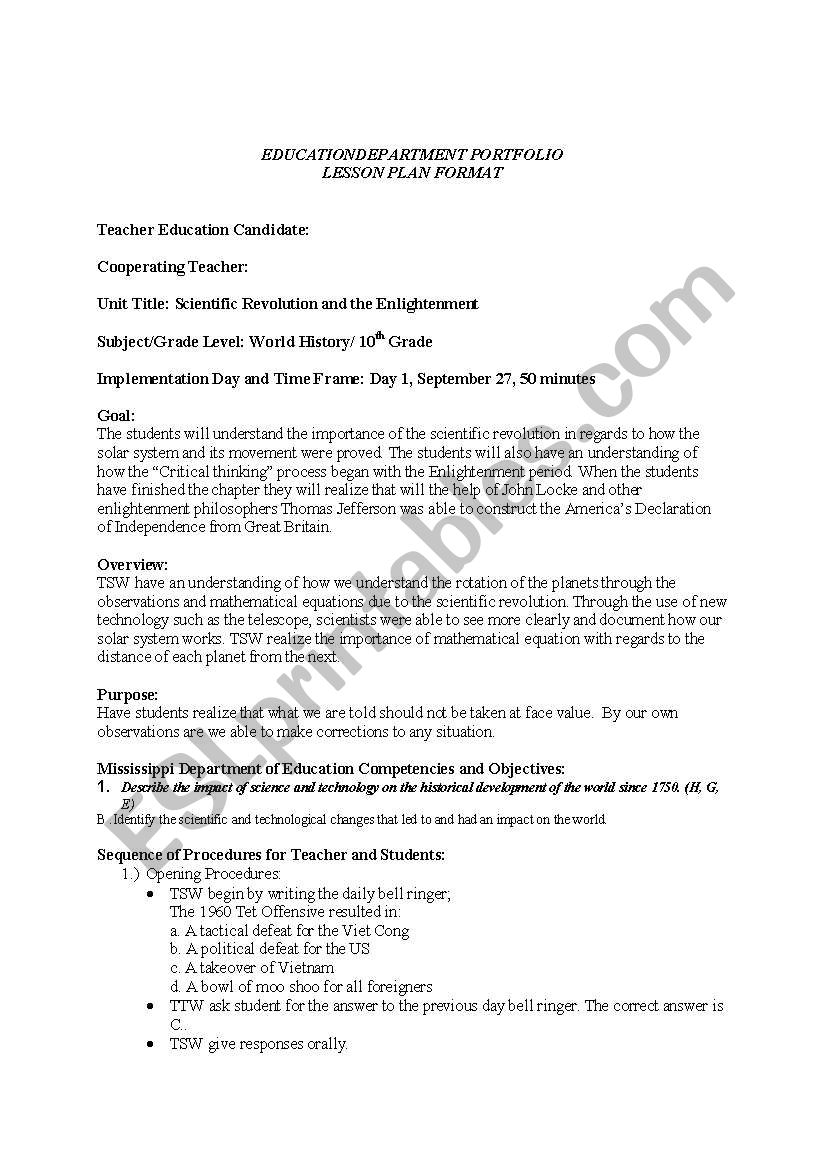 Scientific revolution Lesson Plan