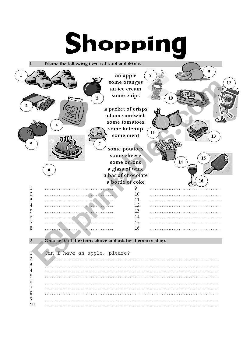 shopping worksheet