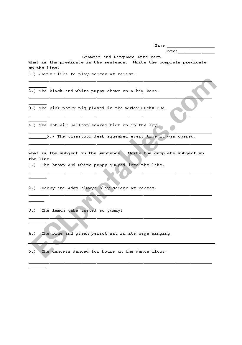 Subject and Predicate Test worksheet