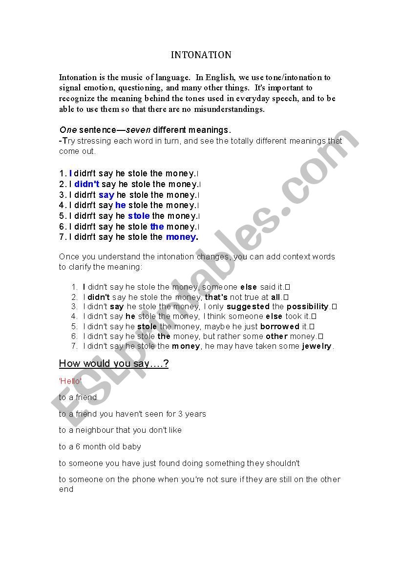 INTONATION worksheet