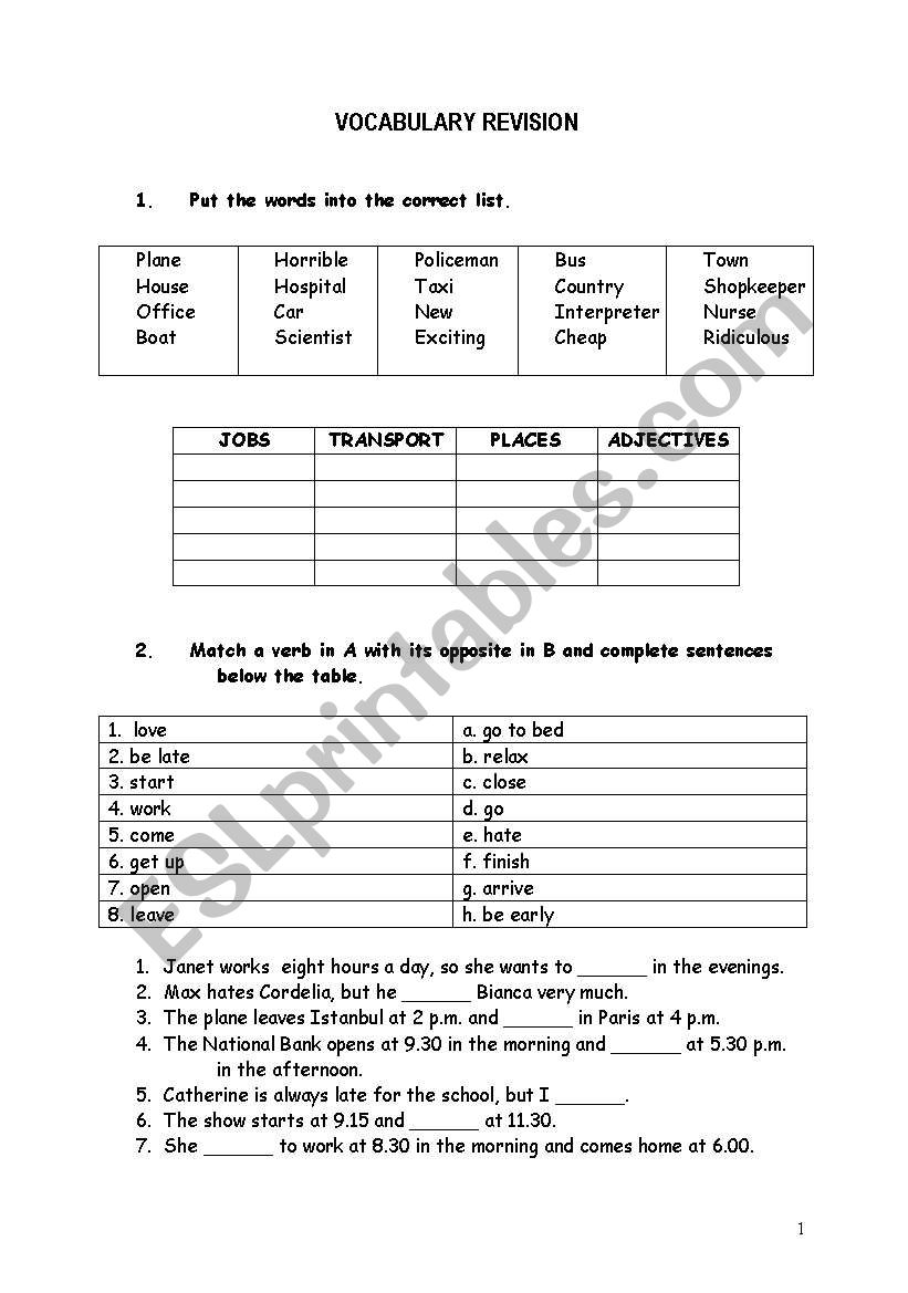 Vocabulary revision worksheet