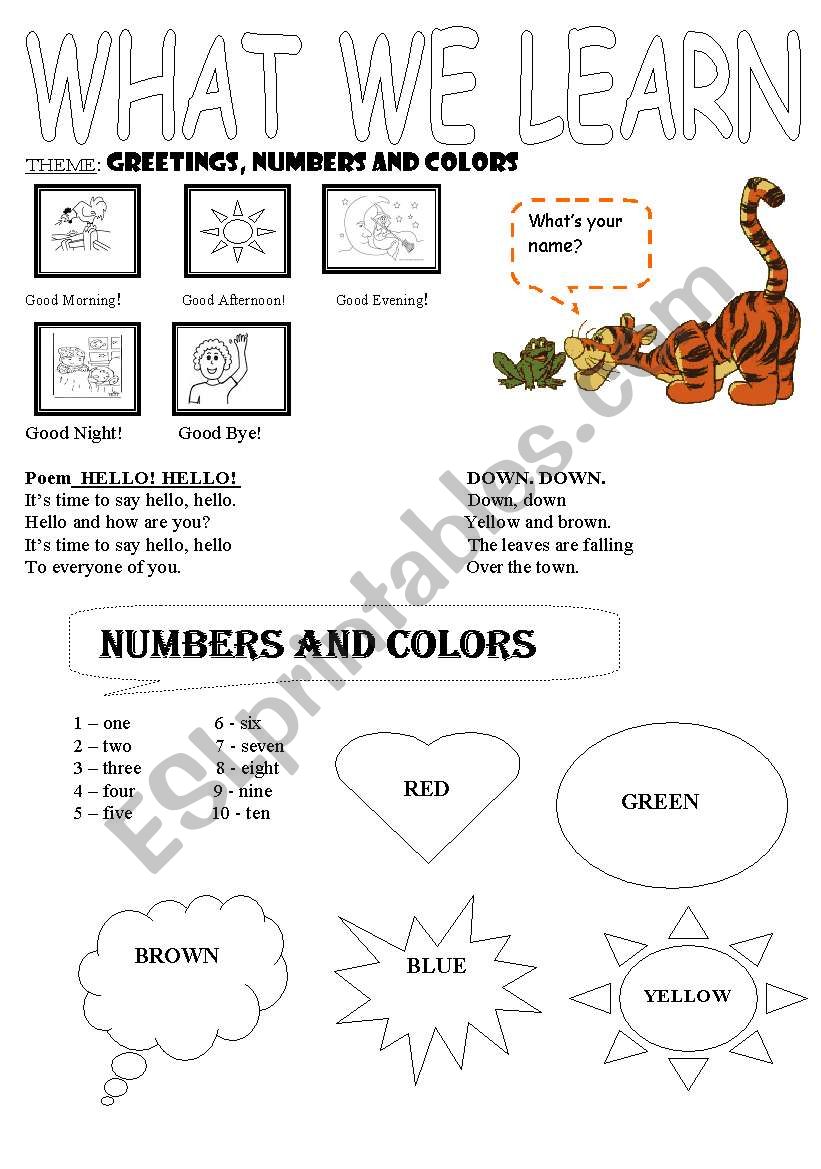 greeting, numbers, colors worksheet