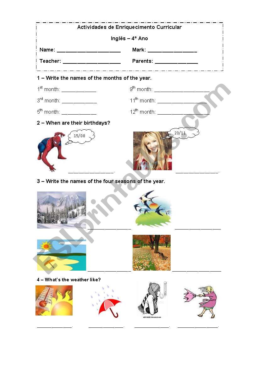 Worksheet about seasons, birthdays and sports