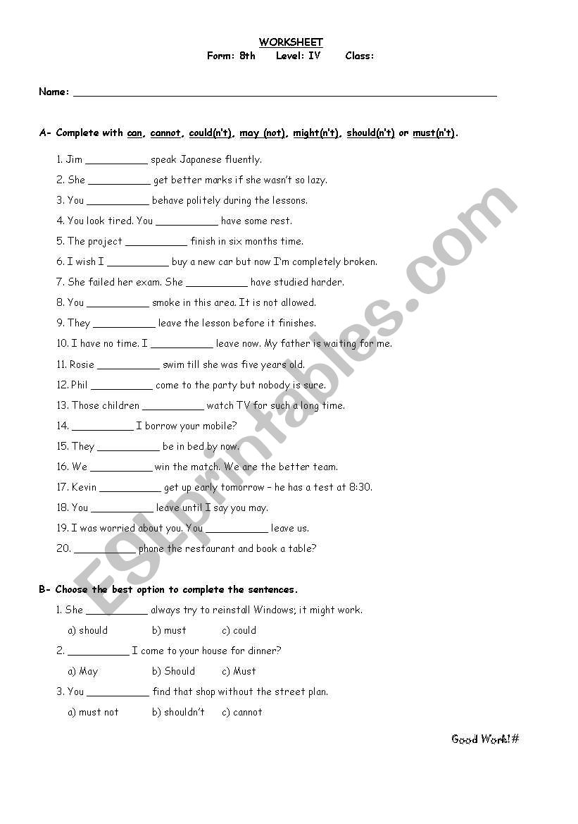 MODAL VERBS 8th form worksheet