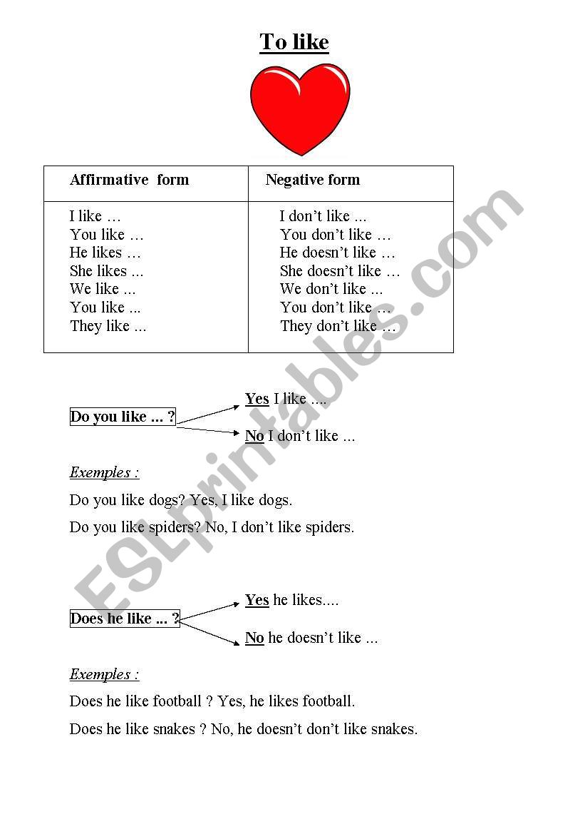 I like/I dont like worksheet