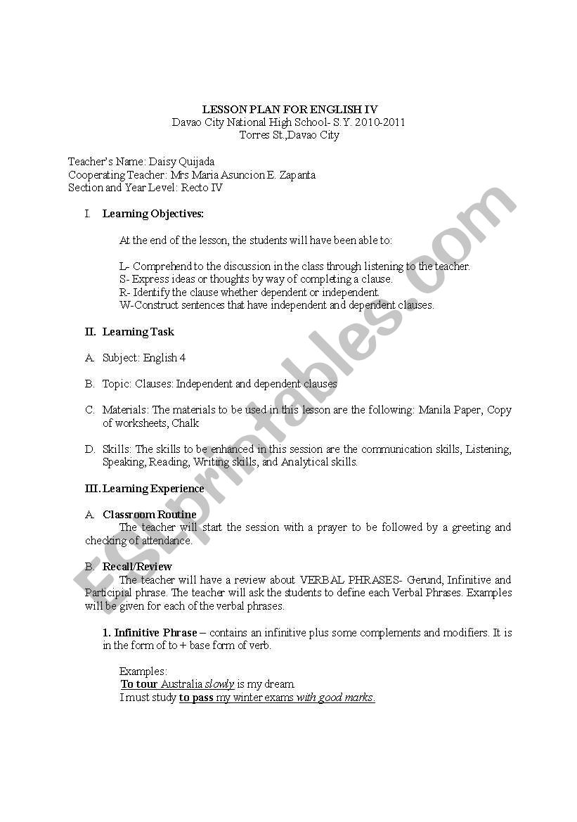 Lesson Plan for Clauses worksheet
