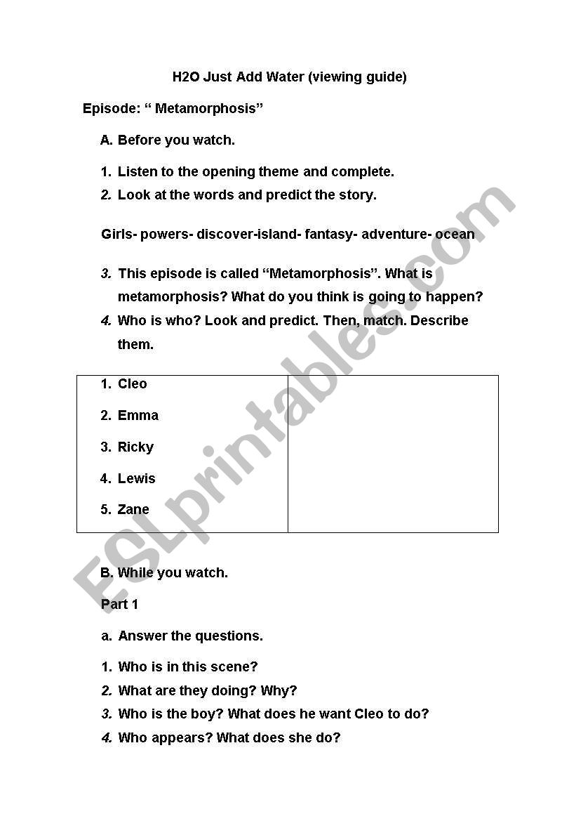 Listening Comprehension H2O worksheet