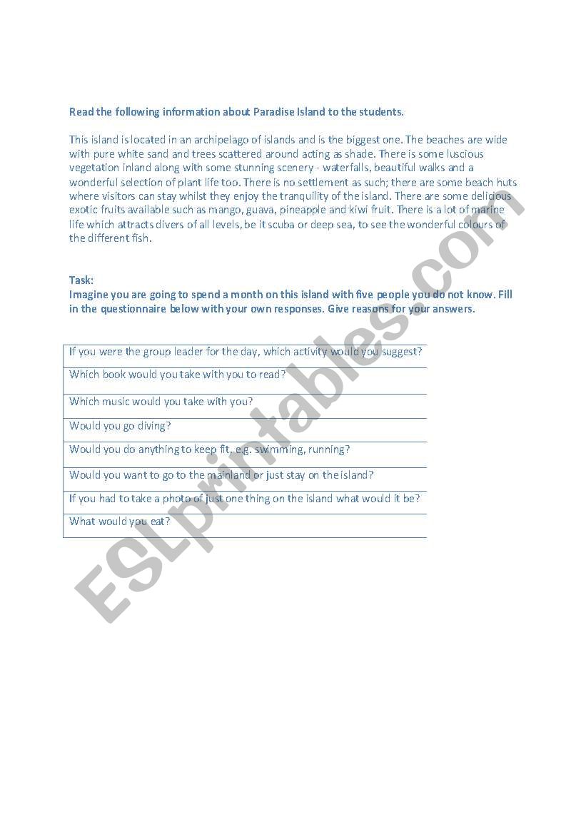 Paradise Island worksheet