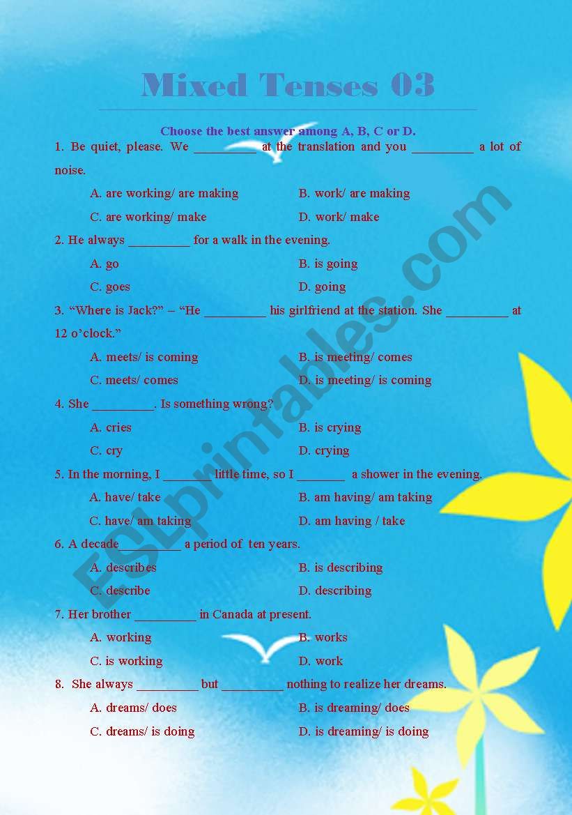 Mixed Tenses 3 of 8 (key included)