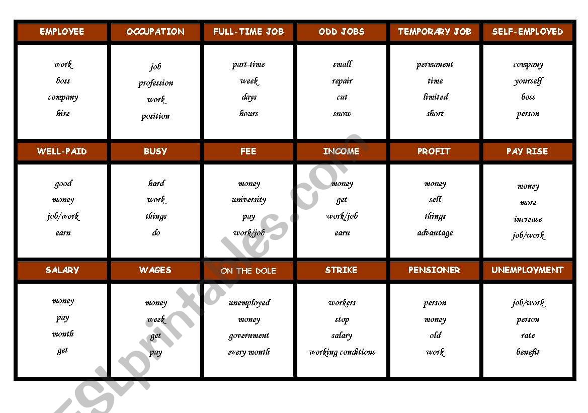 Taboo cards-work worksheet