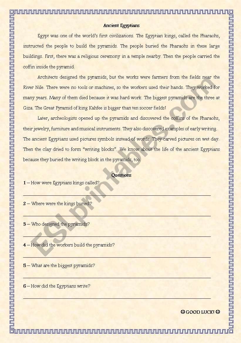 Reading Comprehension â€“ Ancient Egyptians